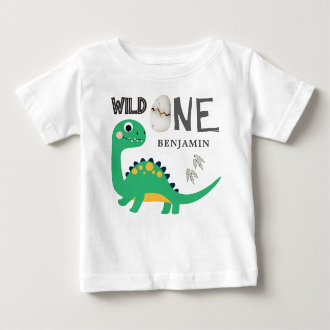 Camiseta Para Bebê Dinossauro SELVAGEM Personalizado Primeiro Anivers (Frente)