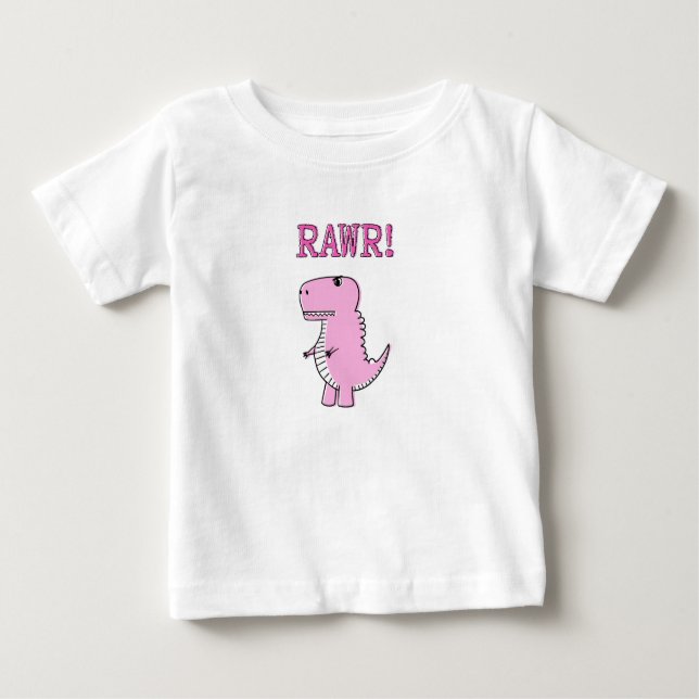 Camiseta Para Bebê Dinossauro T-Rex, Cartoon Rosa, Bonito E Irritado (Frente)