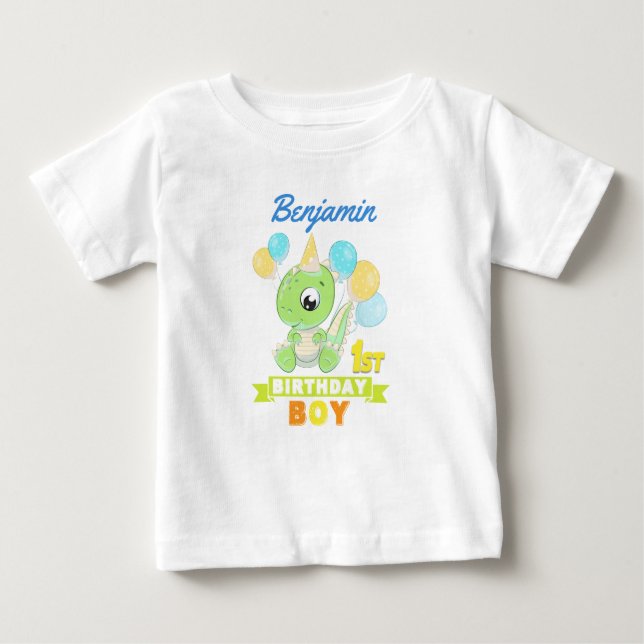 Camiseta Para Bebê Dinossauro Verde primeiro aniversario Personalizad (Frente)