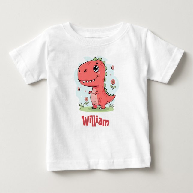Camiseta Para Bebê Dinossauro Vermelho Bonito (Frente)