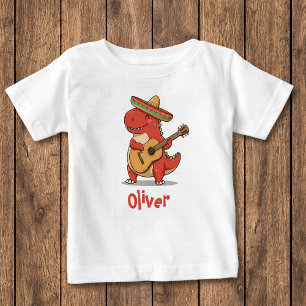 Camiseta Para Bebê Dinossauro Vermelho da Festa com Sombrero e Guitar