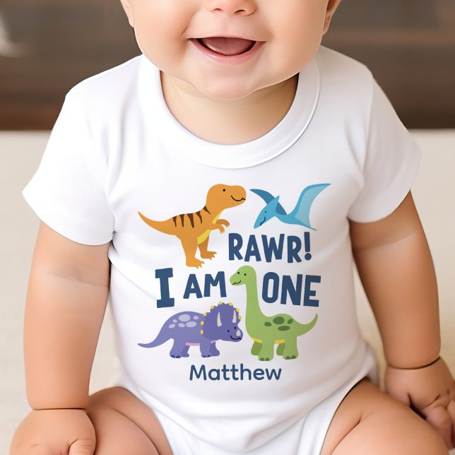 Camiseta Para Bebê Dinossauros do primeiro aniversario Kid Rawr Perso (Criador carregado)
