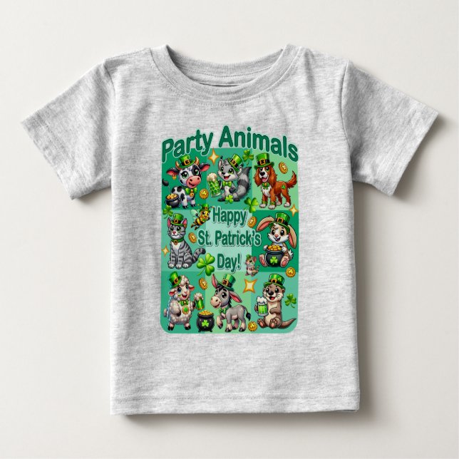 Camiseta Para Bebê Diversão de Patrick e "Animais de Festa" Adoráveis (Frente)