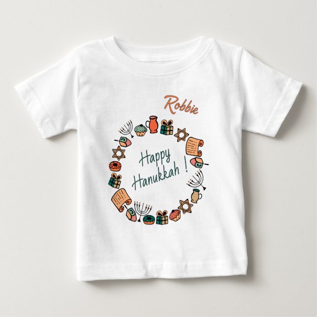 Camiseta Para Bebê Diversão Feliz Hanukkah Chanukah Símbolos Clássico (Frente)