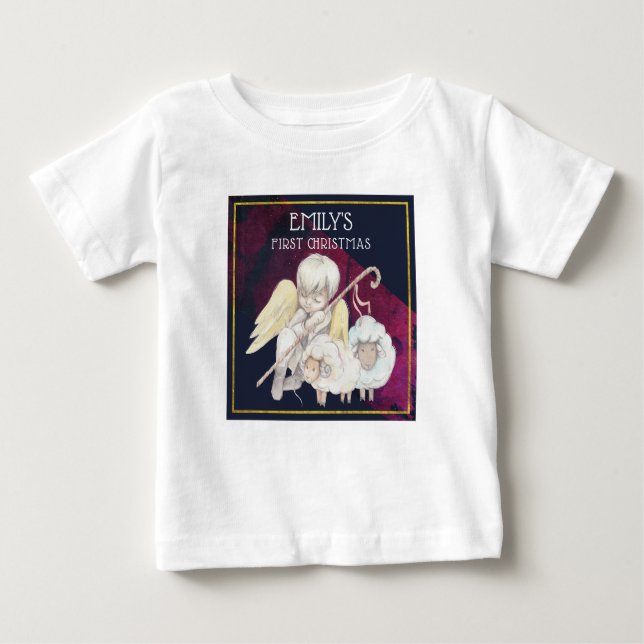 Camiseta Para Bebê Doce Angel Shepherd com Lambs Primeiro Natal (Frente)