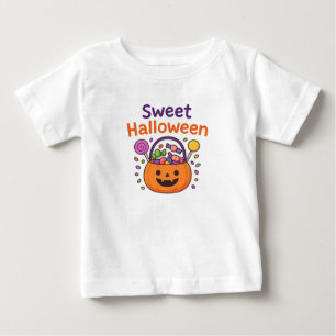 Camiseta Para Bebê Doce Desenho de Balde de Doces de Halloween