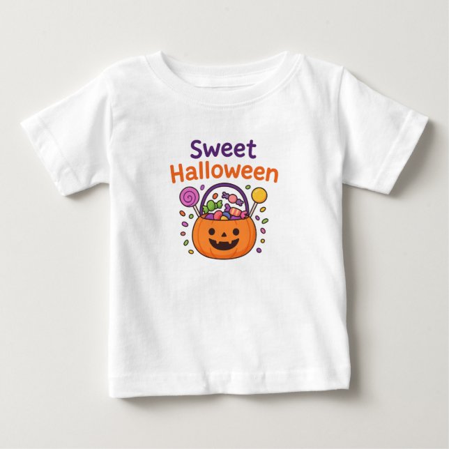 Camiseta Para Bebê Doce Desenho de Balde de Doces de Halloween  (Frente)