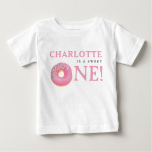 Camiseta Para Bebê Doce Donut Rosa 1º Primeiro Aniversário