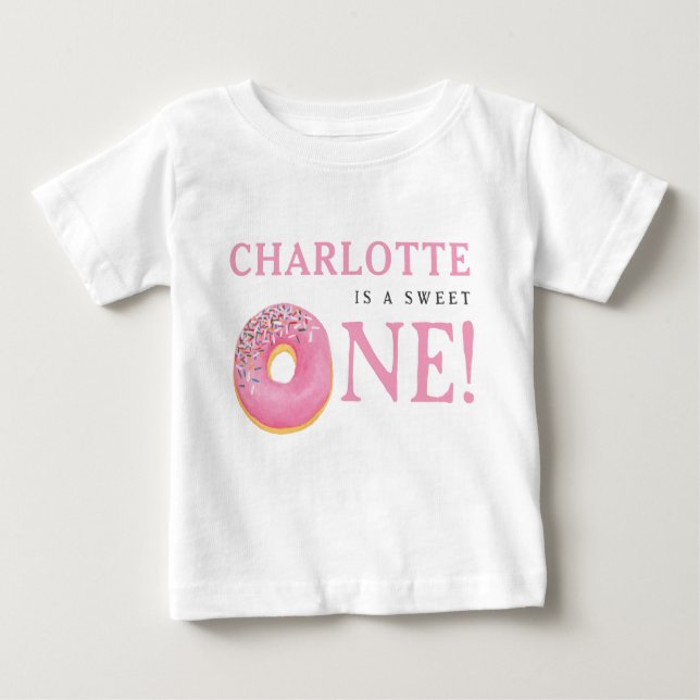 Camiseta Para Bebê Doce Donut Rosa 1º Primeiro Aniversário (Frente)