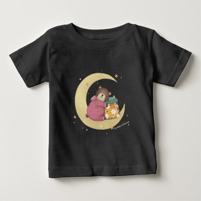 Camiseta Para Bebê Doces sonhos: Ilustração de Urso e Mel (Frente)