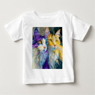 Camiseta Para Bebê Dois Gatos Roxos e Amarelos