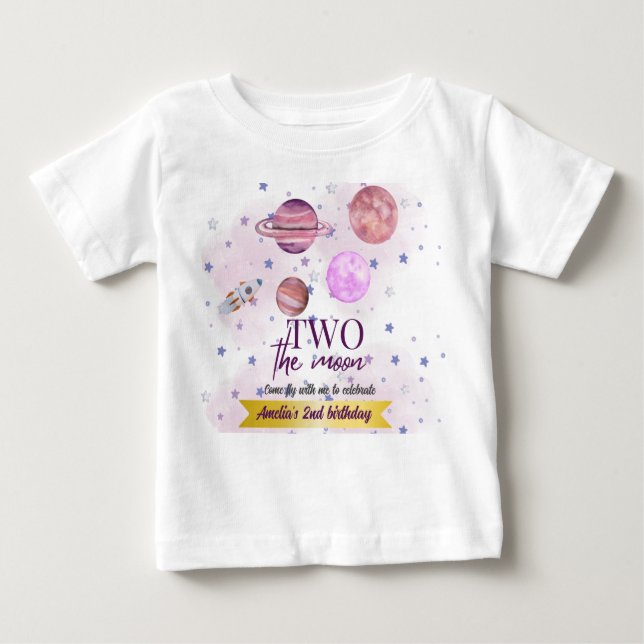 Camiseta Para Bebê Dois Para a Lua 2º Aniversário Menina Lua Estrelas (Frente)