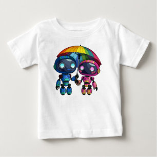 Camiseta Para Bebê dois robôs bonitos com um guarda-chuva colorido