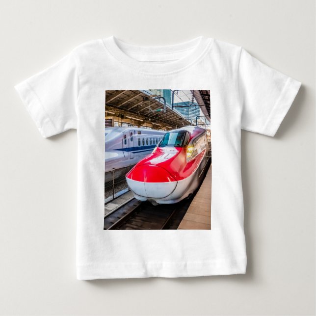 Camiseta Para Bebê Dois Shinkansen na Estação de Tóquio (Frente)