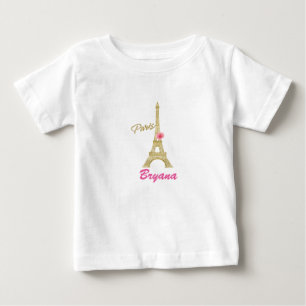Camiseta Para Bebê Dourada Torre Eiffel Paris e rosa rosa personaliza