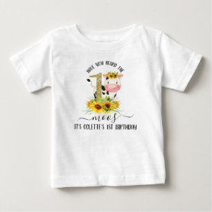 Camiseta Para Bebê Dourada Vaca Brilhante Girassóis primeiro anivers