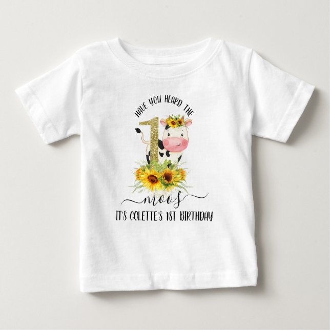 Camiseta Para Bebê Dourada Vaca Brilhante Girassóis primeiro aniversa (Frente)