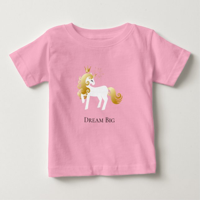 Camiseta Para Bebê Dourado Sonho de Unicórnio Branco (Frente)