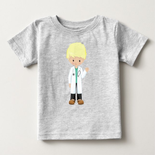 Camiseta Para Bebê Doutor, Jaleco, Medicina, Menino Fofo, Cabelo Loir (Frente)