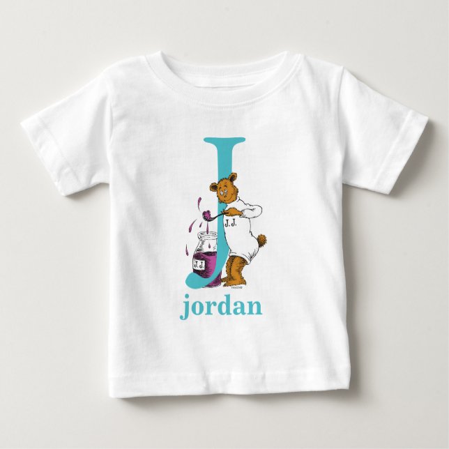 Camiseta Para Bebê Dr. Seuss ABC: Carta J - Teal | Adicione seu nome (Frente)