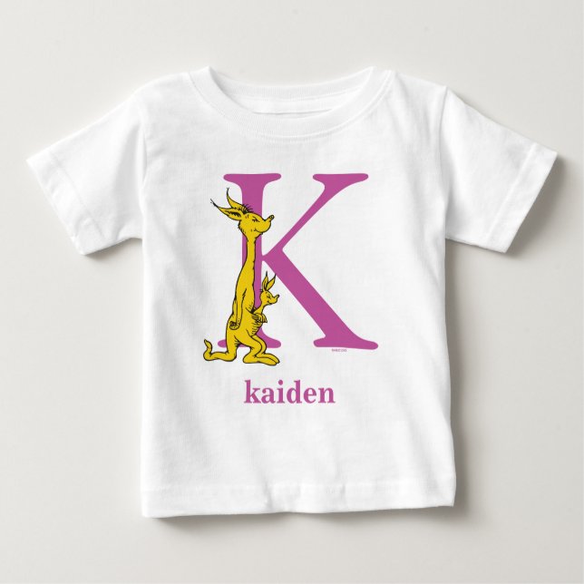 Camiseta Para Bebê Dr. Seuss ABC: Carta K - Roxo | Adicione seu nome (Frente)