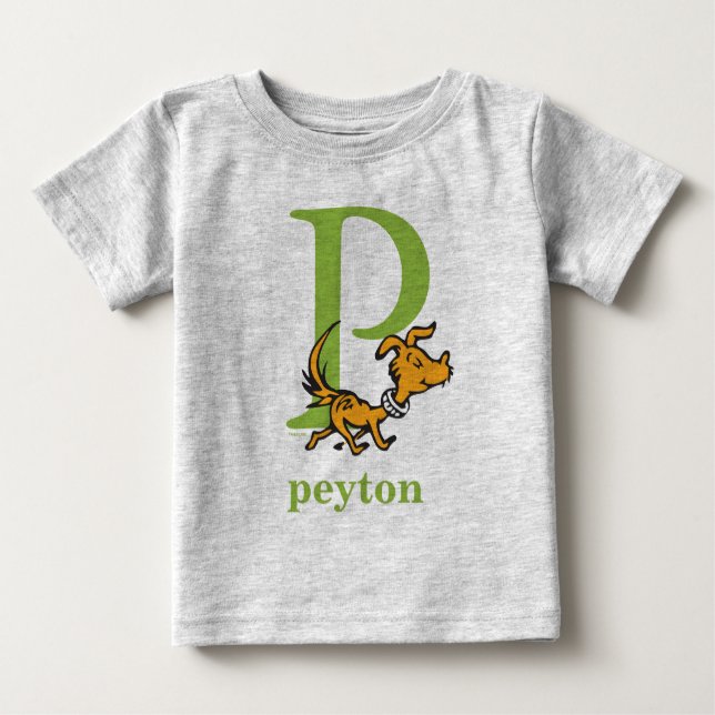 Camiseta Para Bebê Dr. Seuss ABC: Carta P - Verde | Adicione seu nome (Frente)