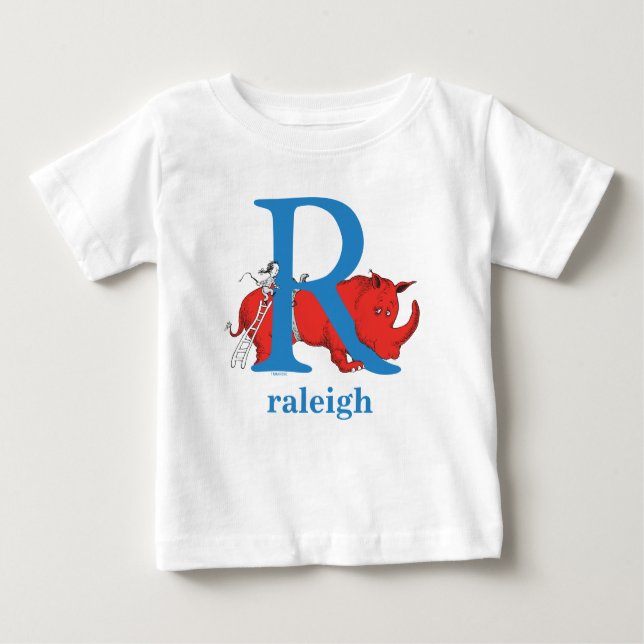Camiseta Para Bebê Dr. Seuss ABC: Carta R - Azul | Adicione seu nome (Frente)