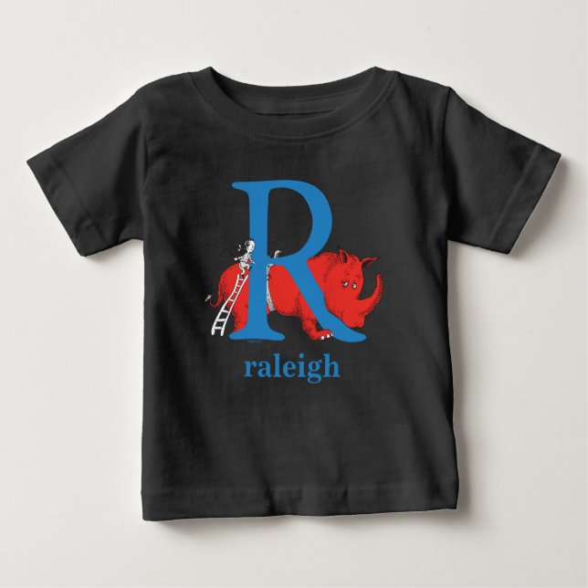 Camiseta Para Bebê Dr. Seuss ABC: Carta R - Azul | Adicione seu nome (Frente)