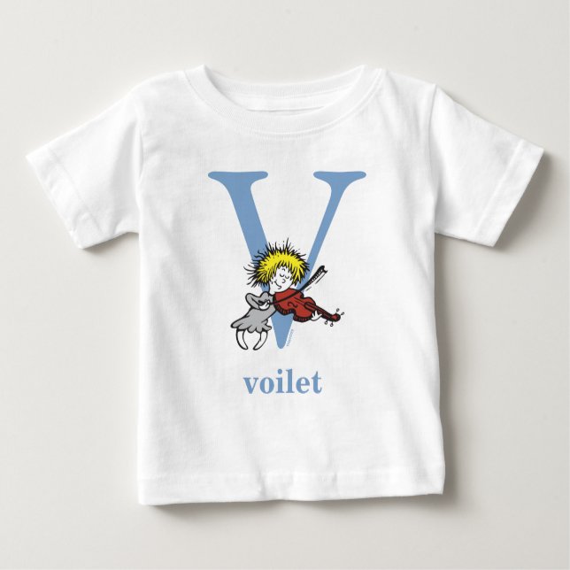 Camiseta Para Bebê Dr. Seuss ABC: Carta V - Azul | Adicione seu nome (Frente)