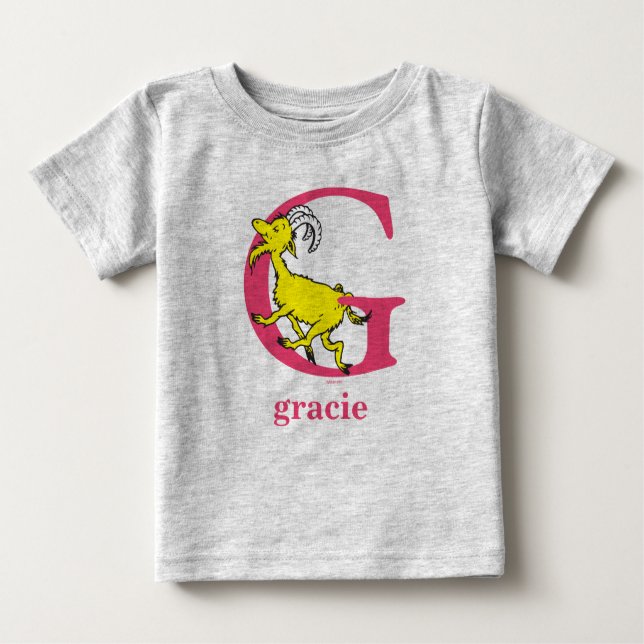 Camiseta Para Bebê Dr. Seuss ABC: Letra G - Rosa | Adicione seu nome (Frente)