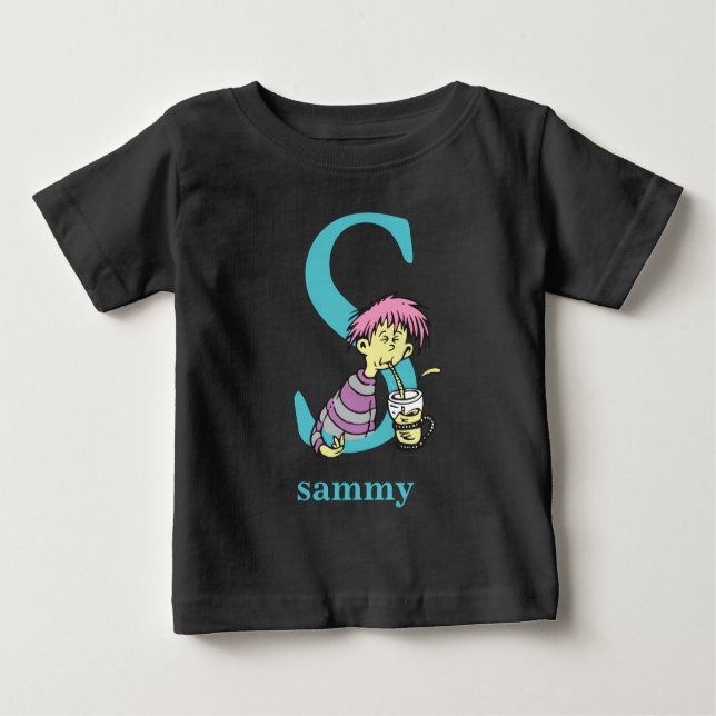 Camiseta Para Bebê Dr. Seuss ABC: Letra S - Azul | Adicione seu nome (Frente)