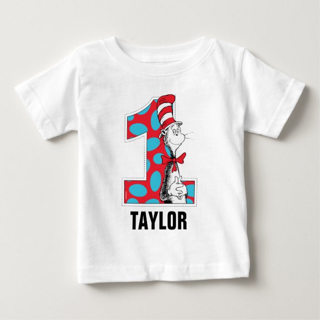 Camiseta Para Bebê Dr. Seuss | Gato de Chapéu Aniversário de 1 ano (Frente)
