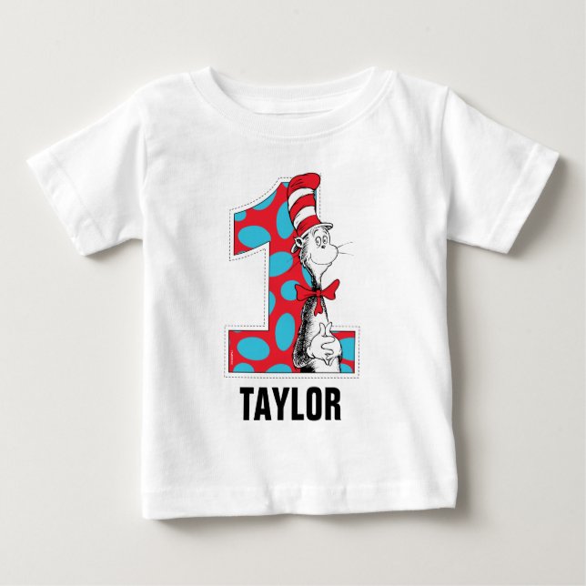 Camiseta Para Bebê Dr. Seuss | Gato de Chapéu de 1º Aniversário (Frente)
