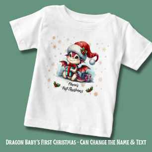 Camiseta Para Bebê Dragão Bebê + Flocos de Neve - Nome Primeiro Natal