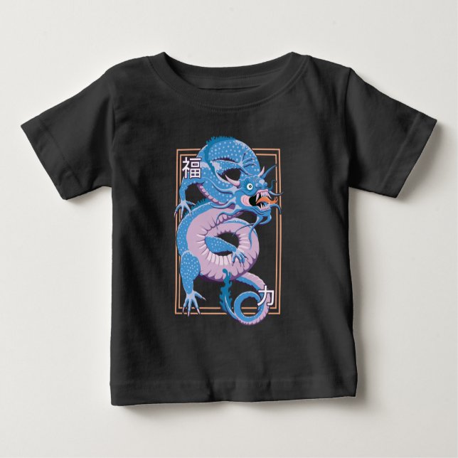 Camiseta Para Bebê Dragão chinês azul (Frente)