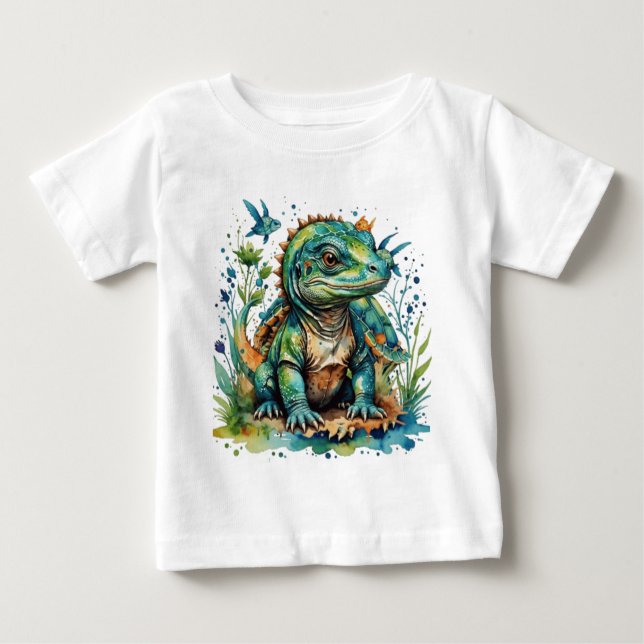 Camiseta Para Bebê Dragão Komodo verde-grande-lagarto (Frente)