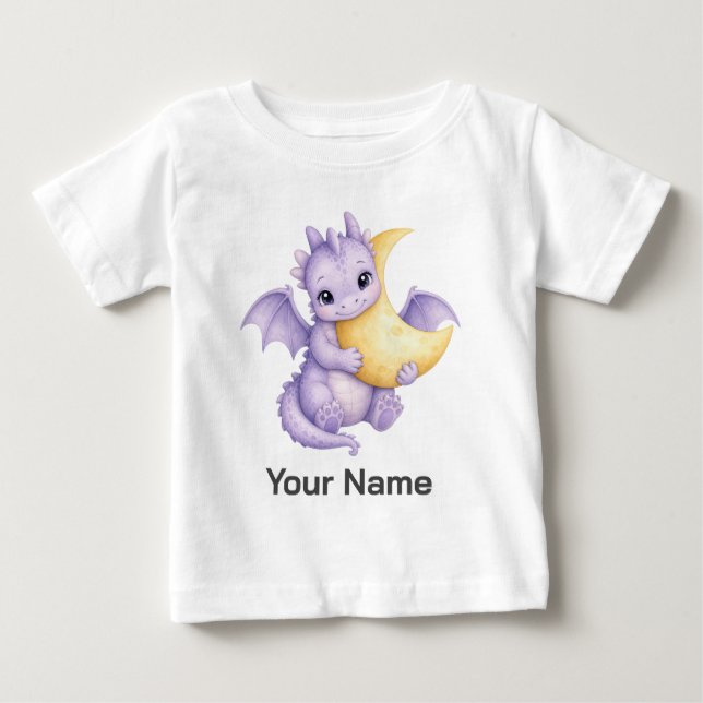 Camiseta Para Bebê Dragão Roxo Fofo Personalizado Abraçando a Lua Beb (Frente)
