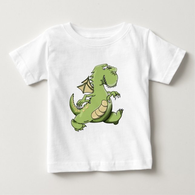 Camiseta Para Bebê Dragão verde de desenho animado andando de costas (Frente)