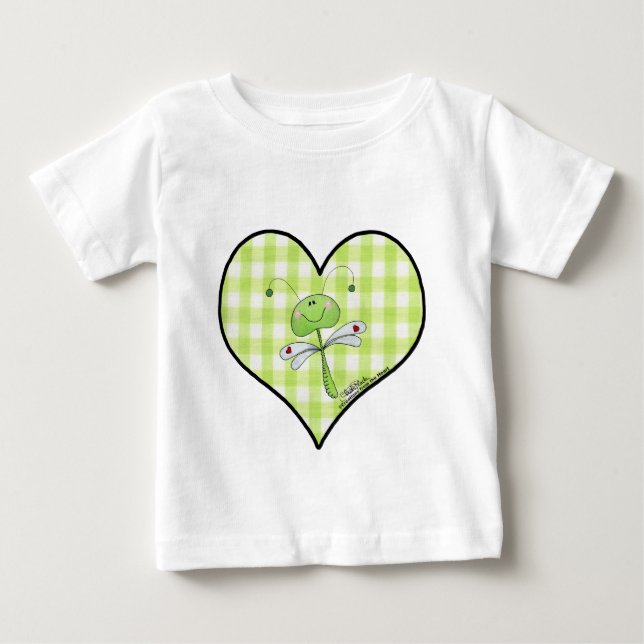 Camiseta Para Bebê Dragon Fly em um coração verde de gingham (Frente)