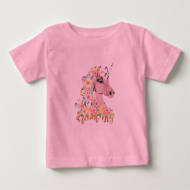 Camiseta Para Bebê Dream Big Floral Unicorn (Frente)