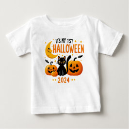 Camiseta Para Bebê É o meu 1º Halloween Abóbora Gato Preto