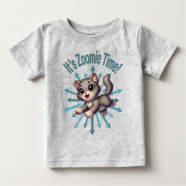 Camiseta Para Bebê É Zoomie Time, Cinza e Gato Branco