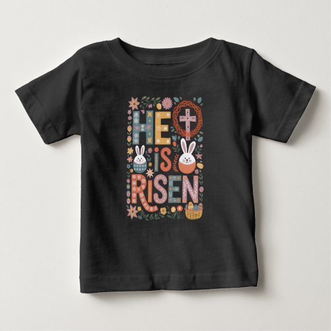 Camiseta Para Bebê Ele é Risen Jesus Floral Coelho da Páscoa Coelho d (Frente)