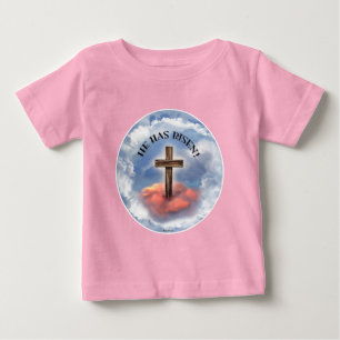 Camiseta Para Bebê Ele Ressuscitou Cruz Áspera Com Nuvens