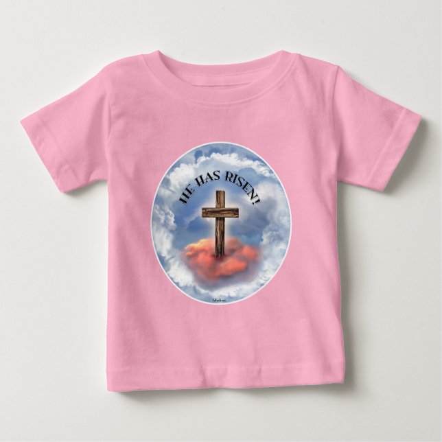 Camiseta Para Bebê Ele Ressuscitou Cruz Áspera Com Nuvens (Frente)