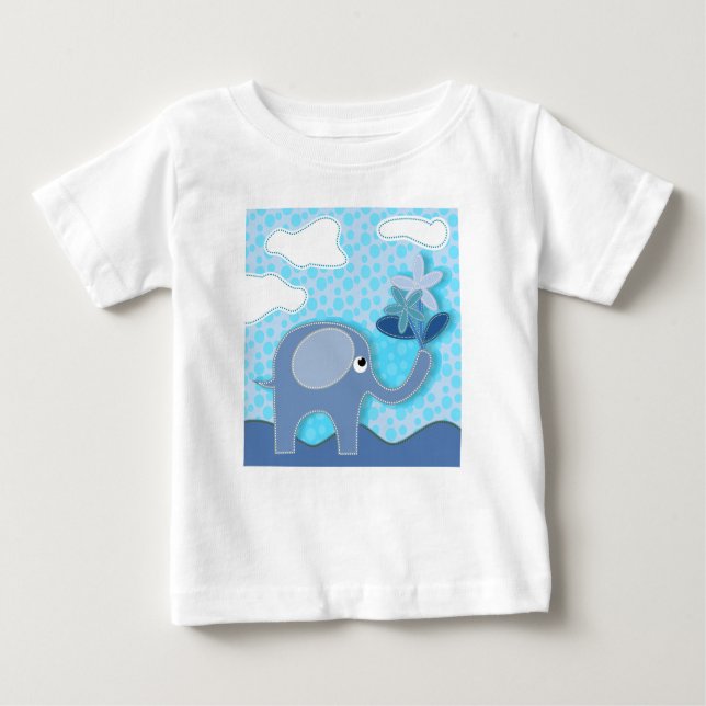Camiseta Para Bebê Elefante Azul Bebê e Flores (Frente)