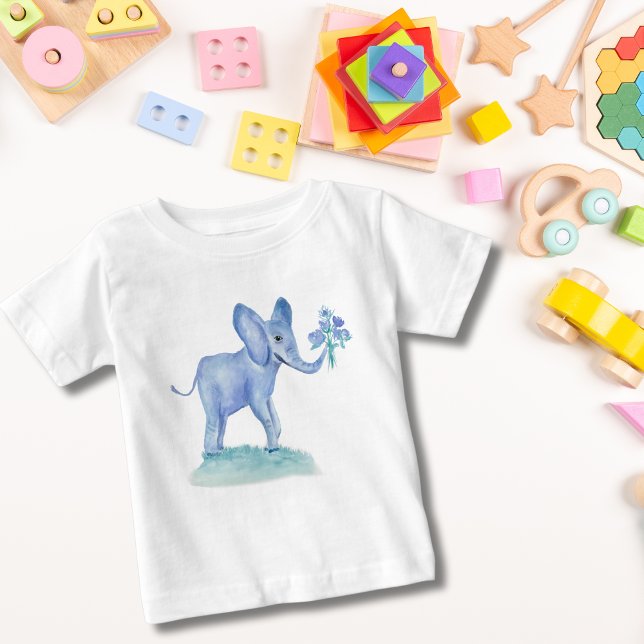 Camiseta Para Bebê Elefante Azul De Aquarela Com Flores (Criador carregado)
