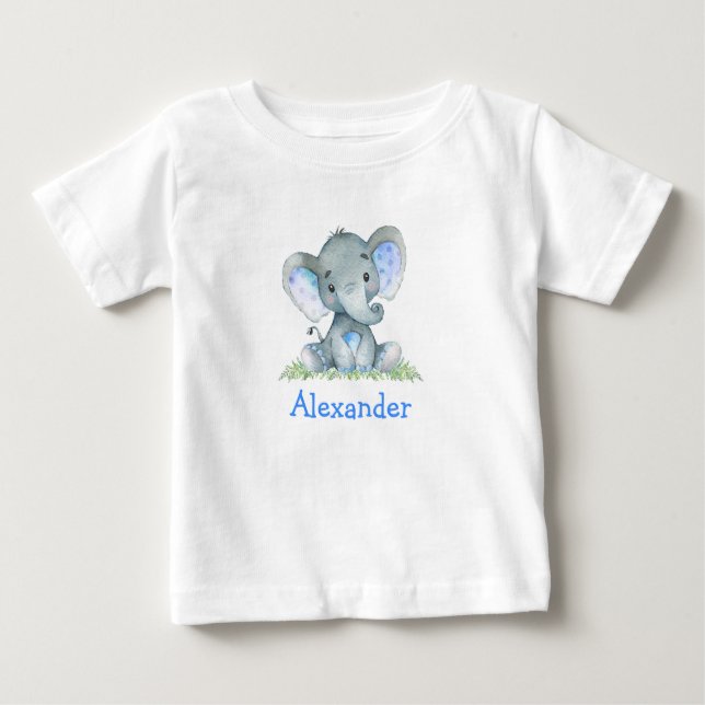 Camiseta Para Bebê Elefante Azul-Vidro em Verde (Frente)