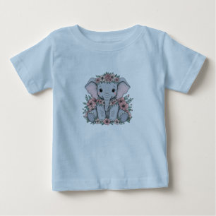 Camiseta Para Bebê Elefante-Bebê bonito com flores rosa