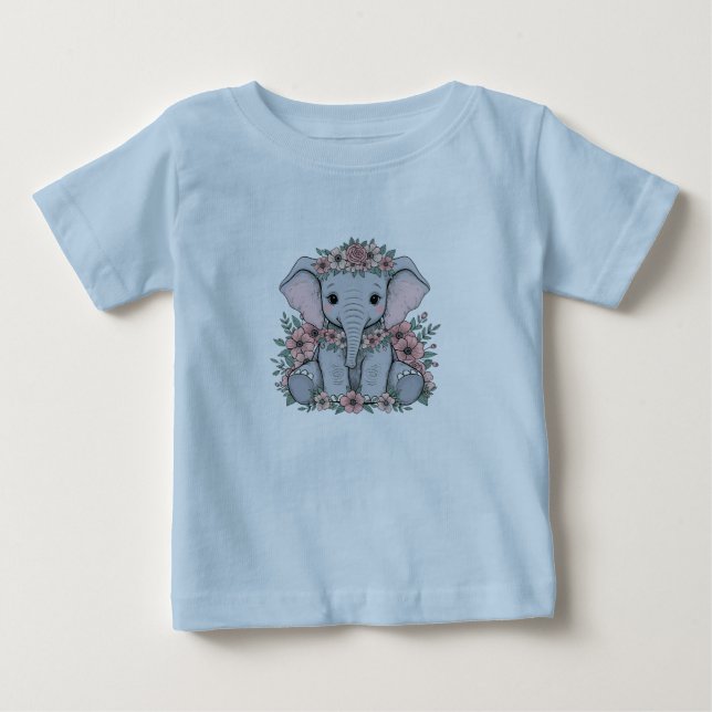 Camiseta Para Bebê Elefante-Bebê bonito com flores rosa (Frente)